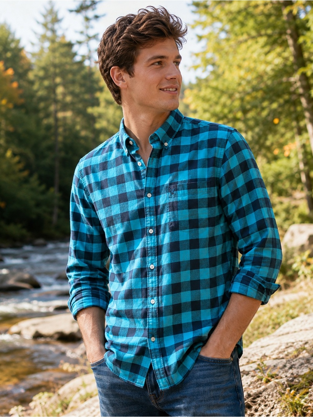 American Eagle Classic Fit Plaid Shirt Large Teal Navy Buffalo Check Button Down